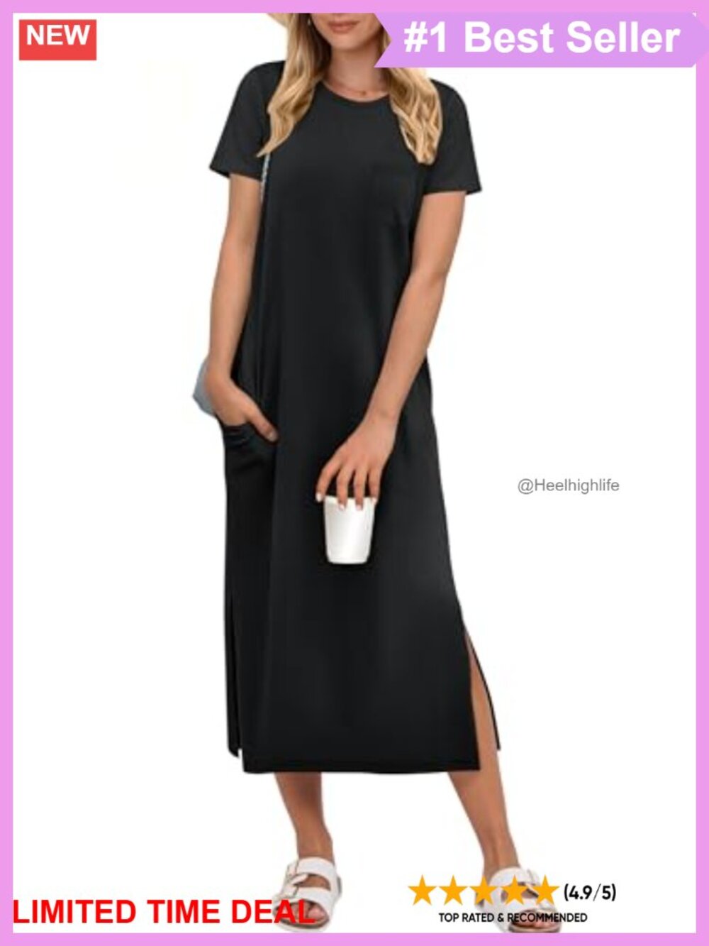 Midi Dress Summer Casual Short Sleeve Crew Neck Side Slits
